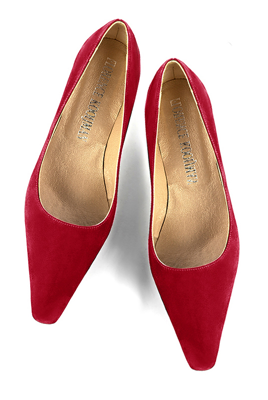 Cardinal red women's dress pumps,with a square neckline. Tapered toe. Low kitten heels. Top view - Florence KOOIJMAN